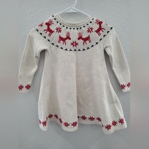Hanna Andersson Girls' Cream Holiday Sweater Dress with Red Reindeer Size 5